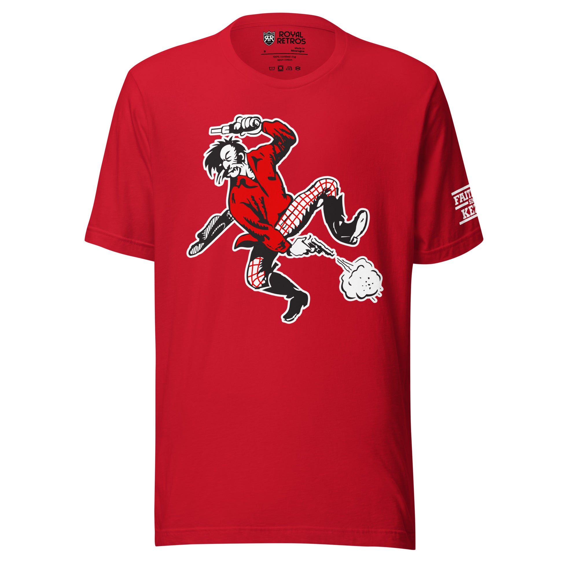 San  Francisco AAFC T-shirt. Red. Prospector jumping to left. Shooting revolver with left hand over head, shooting a revolver with right hand down between legs. Wearing red shirt, red & white checkered pants. Cowboy hat falling off to the left. Royal Retros