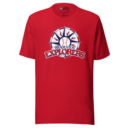 Bradenton Explorers baseball T-shirt. Red. Circle with alternating red and white blocks. Compass star inside with alternating red and blue pattern, baseball in center. BRADENTON small in blue above EXLORERS in red across bottom of circle. Royal Retros