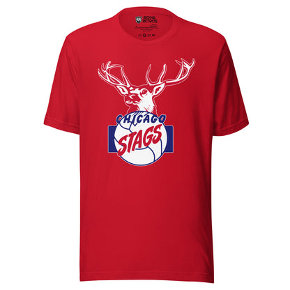 Chicago Stags basketball T-shirt. Red. Red and white stag head over blue basketball. Chicago in blue across top of ball, Stags in red angles across middle. Blue vertical  rectangles on either side of ball. Royal Retros