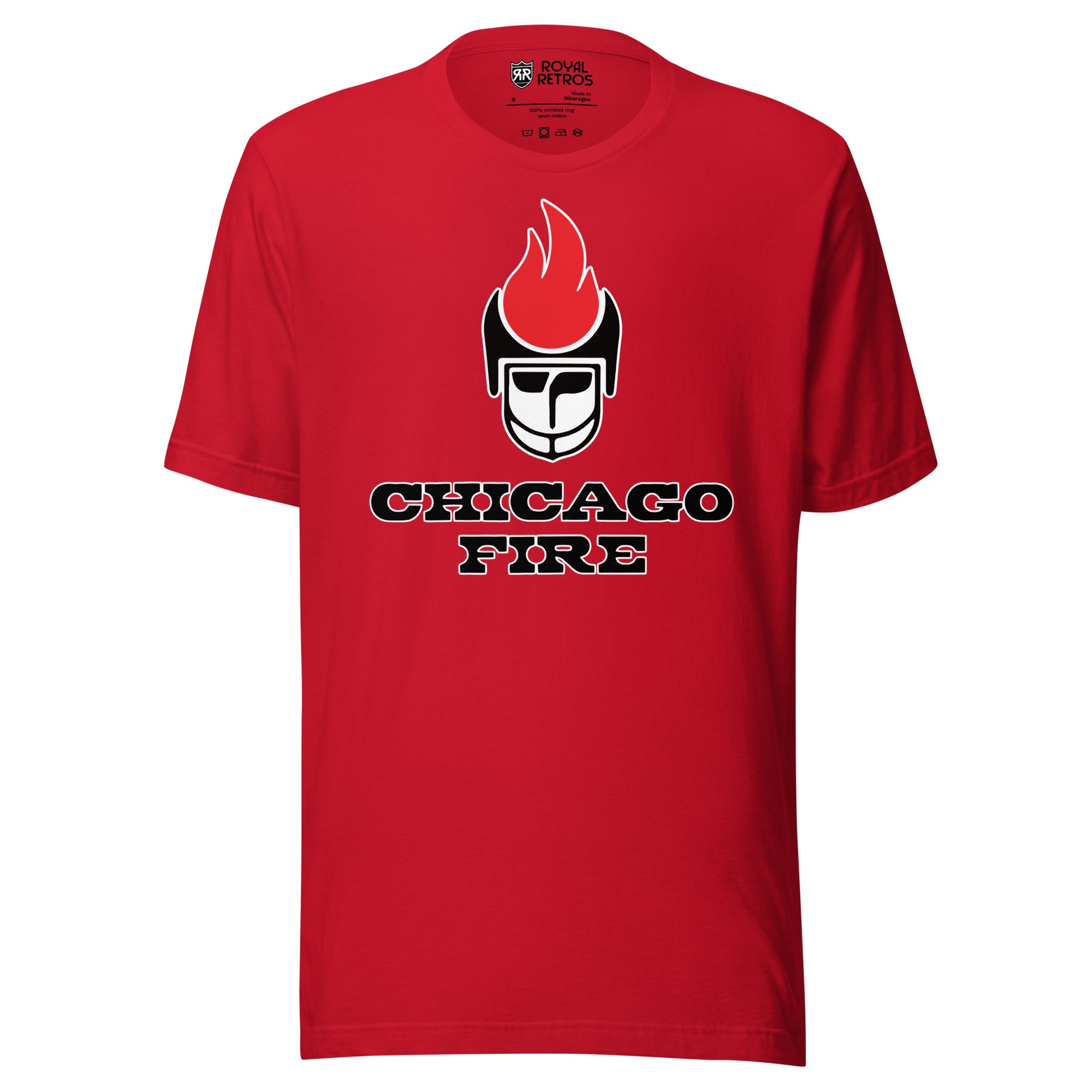 Chicago Fire World Football League T-shirt. Red. Stylized player face with black helmet. Red flame on top of helmet. Chicago in red with white outline, Fire below that in red with white outline. Royal Retros