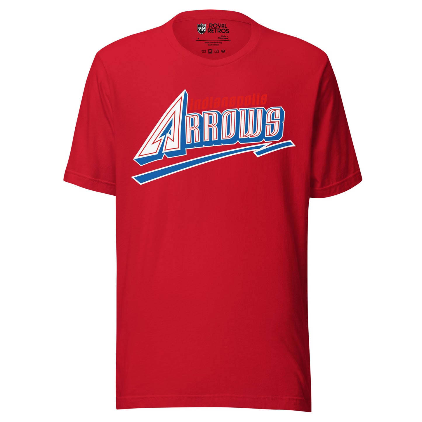 Indianapolis Arrows baseball T-shirt. Red. ARROWS in white with red trim inside letters. Blue shadow under letters. Blue underline beneath with white trim. Royal Retros
