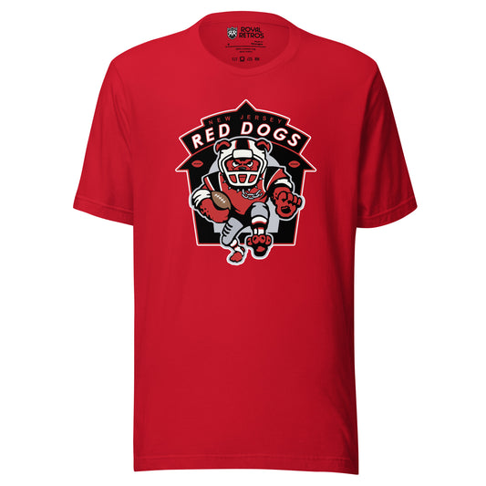 New Jersey Red Dogs Arena Football League T-shirt. Red. Shield outline in red and white. Inside, New Jersey small in red. RED DOGS in white larger below. Dog in football helmet running  toward viewer carrying football. Royal Retros