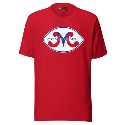 Montreal Concordes T-shirt. Red football shaped white background with blue inner trim. M with red legs and blue center. Concordes in blue over top. Royal Retros