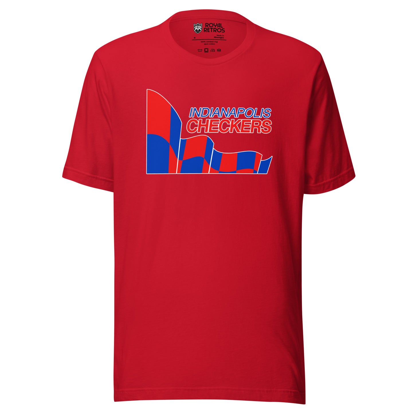 Indianapolis Checkers hockey T-shirt. Red. Indianapolis in blue above Checkers in red. To the left is a red and blue checkered flag, that extends under Indianapolis Checkers. All outlined in white. Royal Retros.