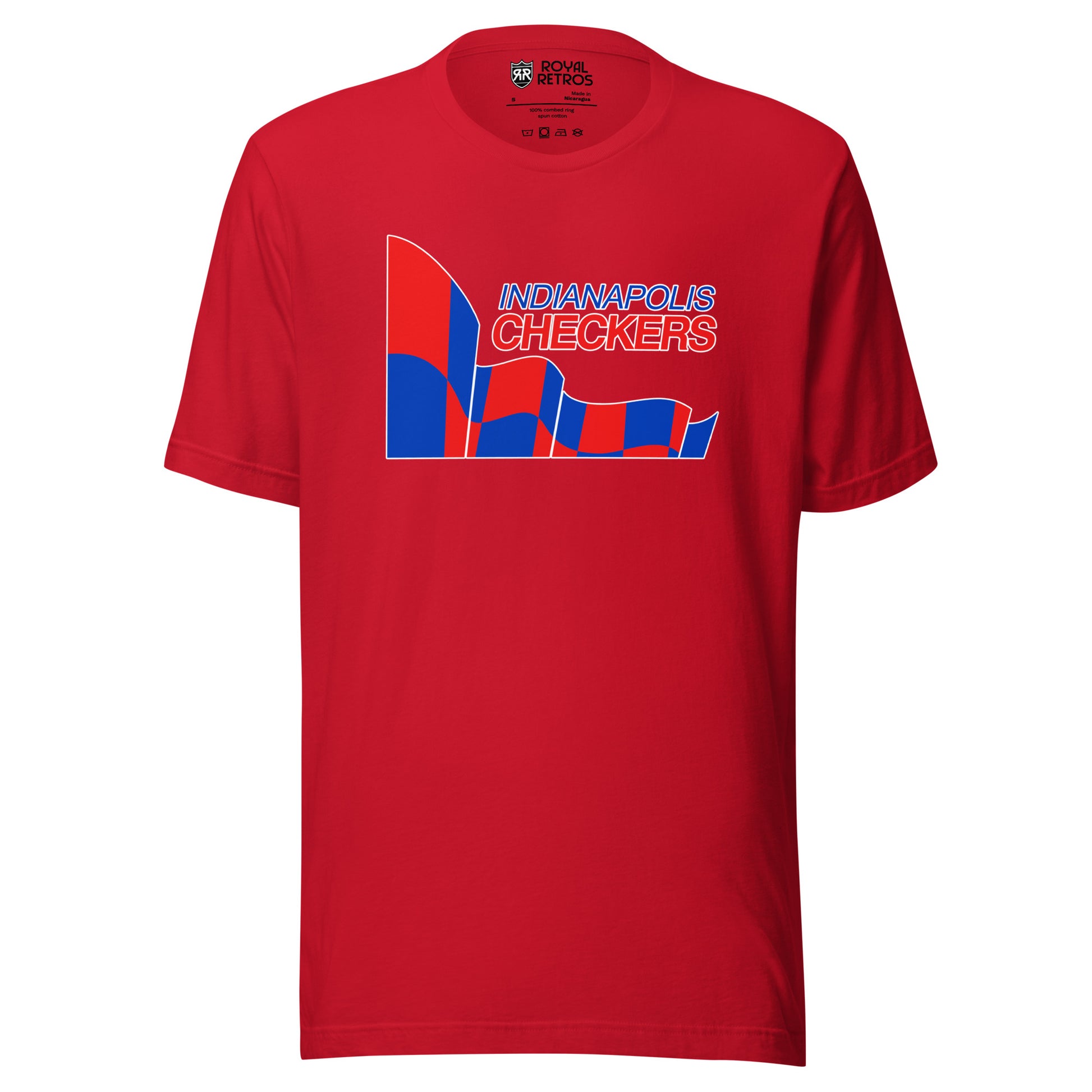 Indianapolis Checkers hockey T-shirt. Red. Indianapolis in blue above Checkers in red. To the left is a red and blue checkered flag, that extends under Indianapolis Checkers. All outlined in white. Royal Retros.