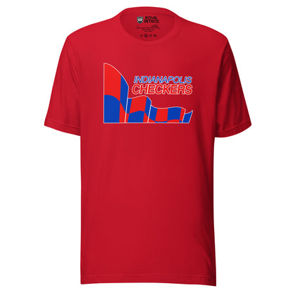 Indianapolis Checkers hockey T-shirt. Red. Indianapolis in blue above Checkers in red. To the left is a red and blue checkered flag, that extends under Indianapolis Checkers. All outlined in white. Royal Retros.