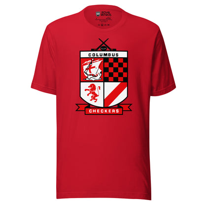 Columbus Checkers hockey T-shirt. Red. Shield with fur quadrants. Two crossed black hockey sticks above with puck between blades. In shield, Columbus above, ship in top left, red and white checkerboard top right, horse in red below left, red diagonal stripe over white in bottom right. Checkers below shield in white over red ribbon banner. Royal Retros