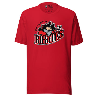 Portland Pirates hockey T-shirt. Red. Portland arched in white to the left. Cartoon pirate from the shoulders up, holding hockey stick over PIRATES in black with red and white trim. Royal Retros. 