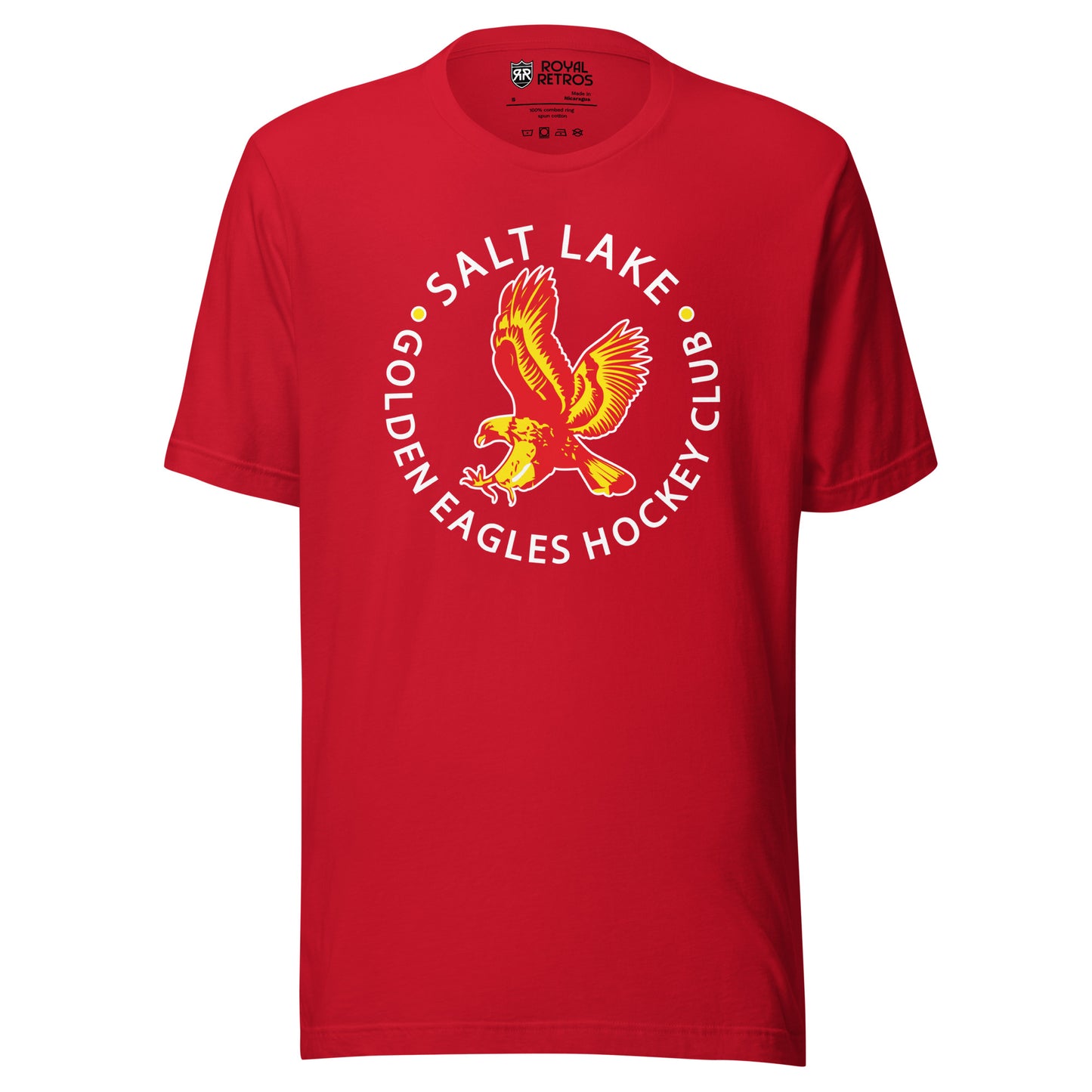 Salt Lake Golden Eagles hockey T-shirt. Red. Salt Lake in white arched above, Golden eagles Hockey Club in white, arched up below, separated by two gold circles. Inside is an image of a red and gold eagle, wings up as it diving on prey. Royal Retros