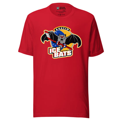 Austin Ice Bats T-shirt. Red. AUSTIN small in white above bat holding a red hockey stick above large white ICE BATS with red trim. Royal Retros