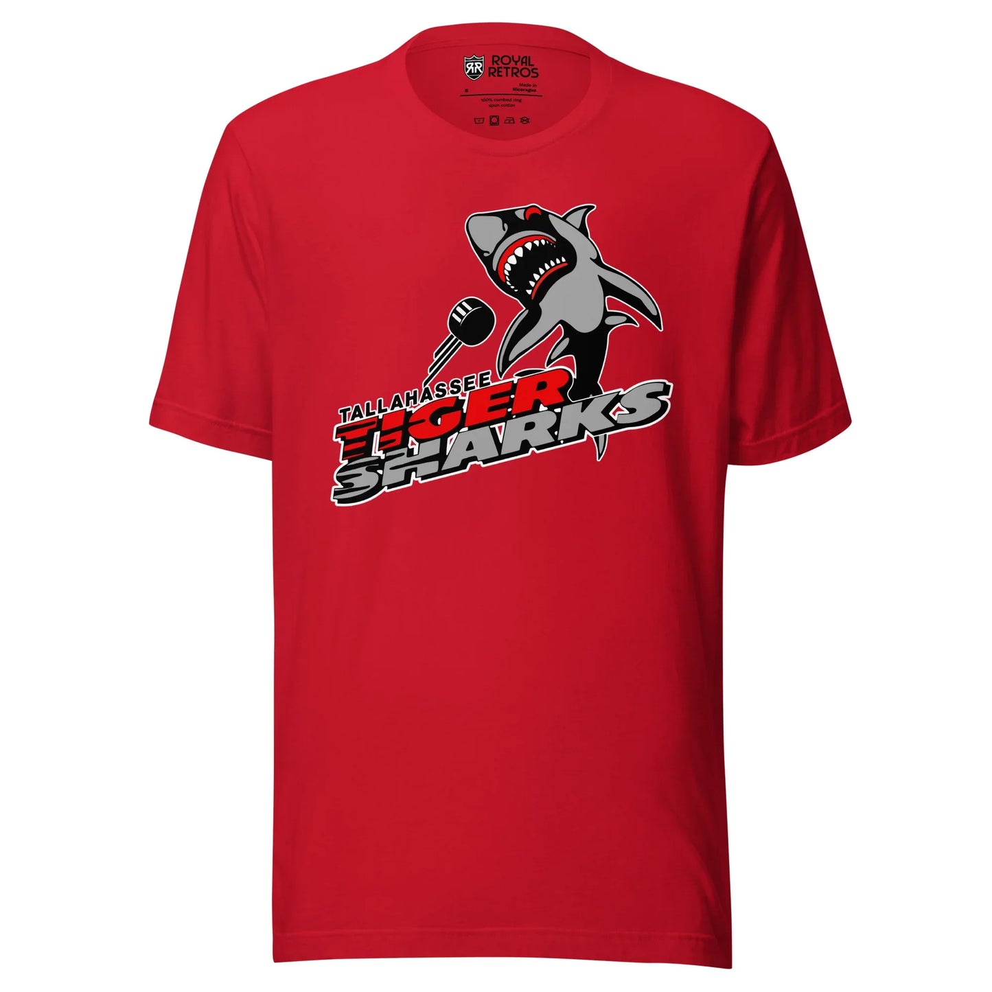 Tallahassee Tiger Sharks hockey T-shirt. Red. Logo is a shark swimming toward viewer with Tallahassee small in black with white trim above Tiger  in red and Sharks in silver. Royal Retros