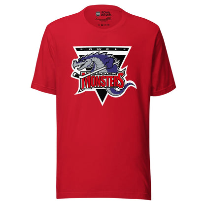 Lowell Lock Monsters T-shirt red. Logo is an upside down triangle, Lowell in white with black background at top. Purple and great dragon with hockey stick over MONSTERS in red. Royal Retros. 