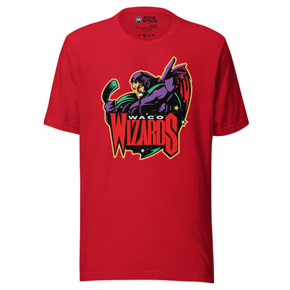 Waco Wizards T-shirt. Red.  Logo is a purple wizard holding a hockey stick. Waco small in white above WIZARDS in red, Royal Retros