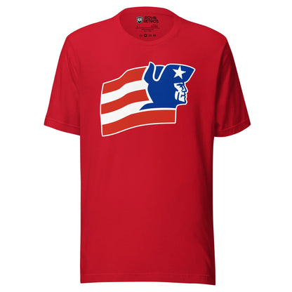 New England Patriots 1978 proposed logo Flyting Elvis T-shirt red. Alternating red an white stripes from US flag. Patriot head in blue and white to the right. Royal Retros