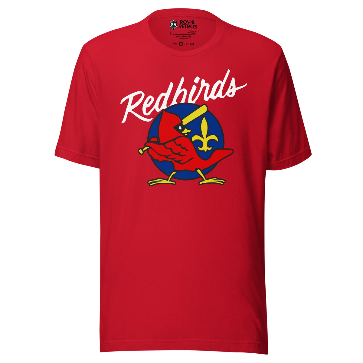 Louisville Redbirds T-shirt. Red. White Redbirds script over a red bird swinging a yellow bat in front of a blue circle with a yellow fleur-de-lis. Royal Retros