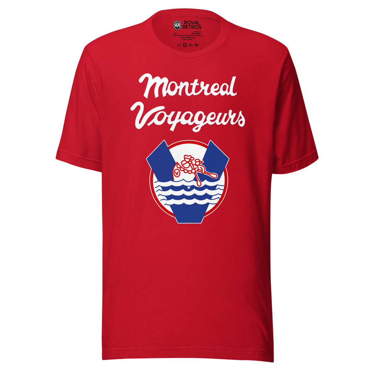 Montreal Voyageurs T-shirt. Red. White Montreal Voyageurs script over a round crest with a V, canoe paddlers and waves. Royal Retros