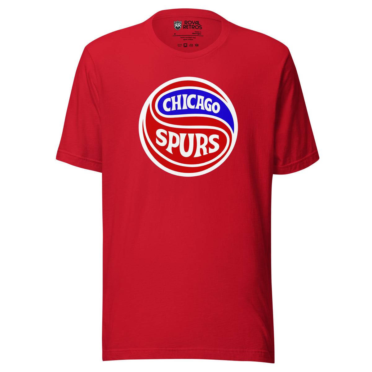 Chicago Spurs T-Shirt in red, front view, red and blue round crest with Chicago Spurs lettering Royal Retros