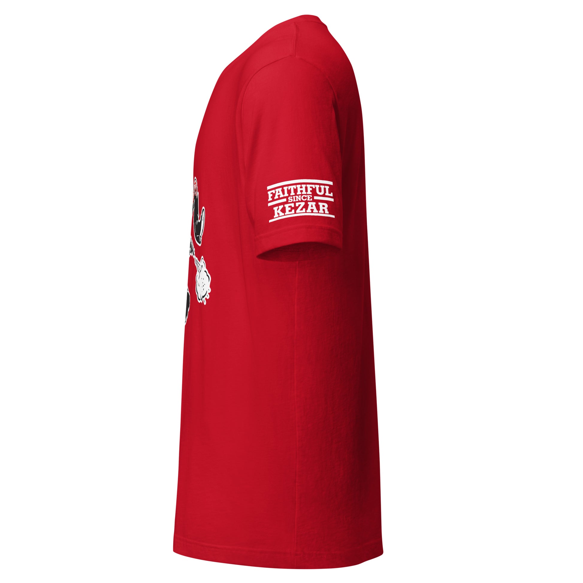 San Francisco AAFC T-shirt red, side view. "Faithful Since Kezar" on sleeve. Royal Retros