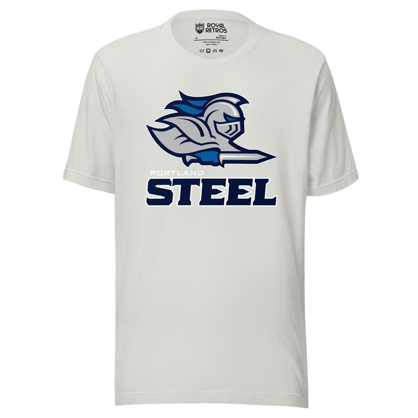 Portland Steel Arena Football League T-shirt. Silver. Knight from shoulders up facing right. Blue feathers and gloves, holding sword. Portland in white small above STEEL in black large. Royal Retros