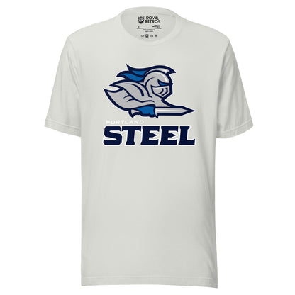 Portland Steel Arena Football League T-shirt. Silver. Knight from shoulders up facing right. Blue feathers and gloves, holding sword. Portland in white small above STEEL in black large. Royal Retros