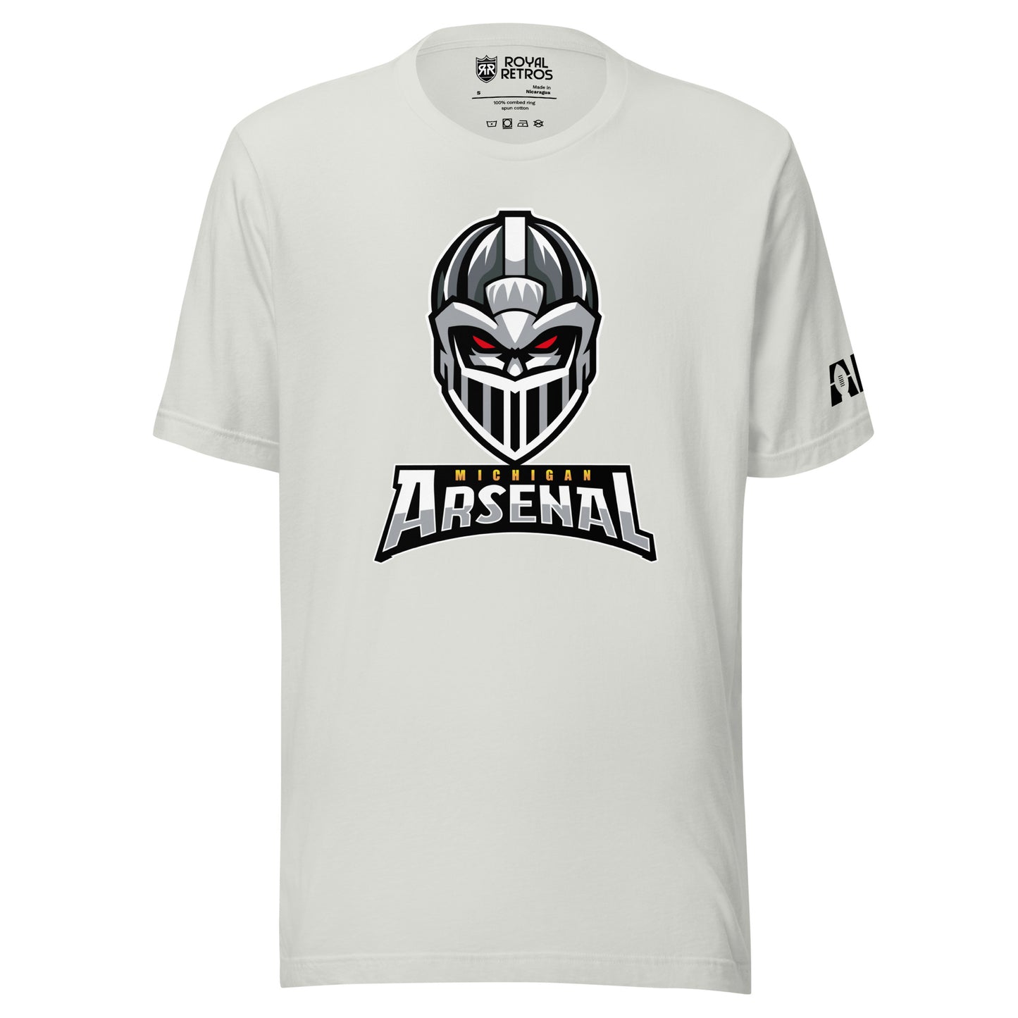Michigan Arsenal T-shirt. Light Silver. Knights helmet facing viewer. Michigan small in yellow above Arsenal in silver below. Royal Retros