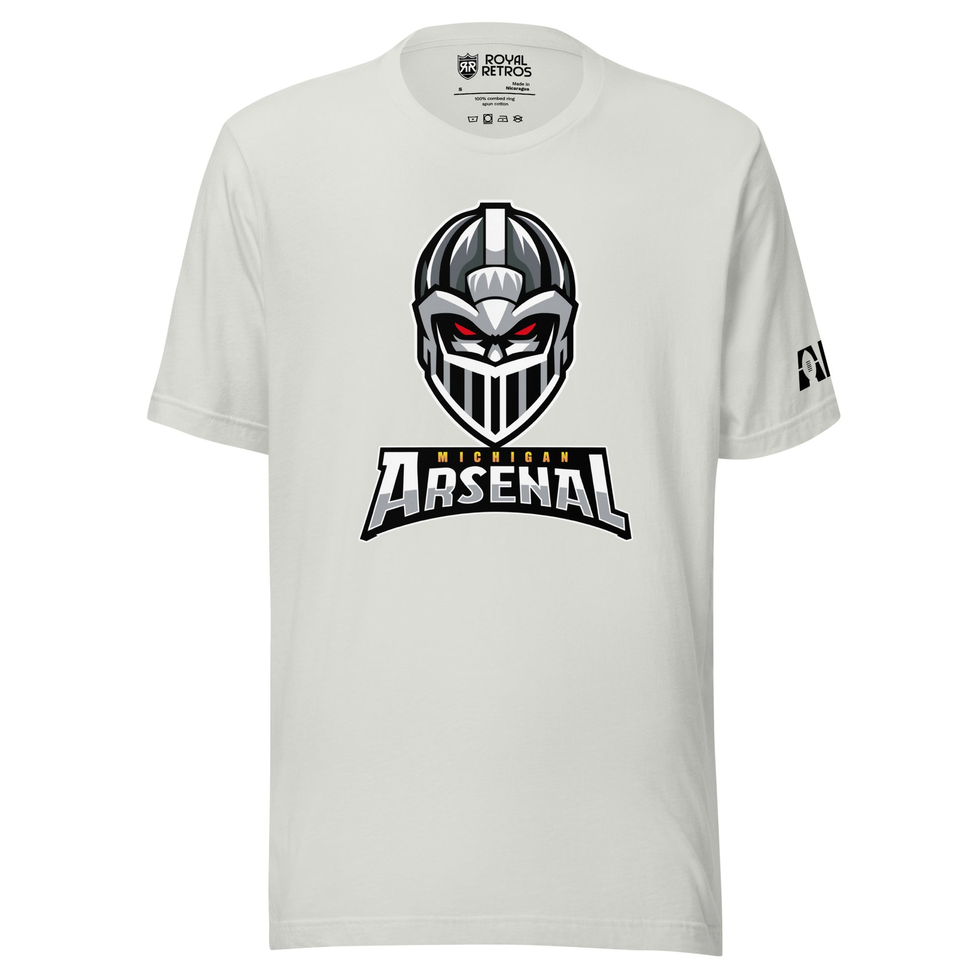 Michigan Arsenal T-shirt. Light Silver. Knights helmet facing viewer. Michigan small in yellow above Arsenal in silver below. Royal Retros