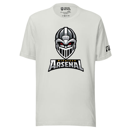 Michigan Arsenal T-shirt. Light Silver. Knights helmet facing viewer. Michigan small in yellow above Arsenal in silver below. Royal Retros