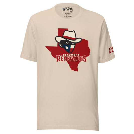 Beaumont Renegades AF1 T-shirt. Cream. Red Texas outline. Bandit face with white hat with red band. Dark face with white eyes. Bandana of Texas flag, white star on blue field on left, White and red stripe on right. Beaumont small in white above Renegades in red large. Royal Retros.