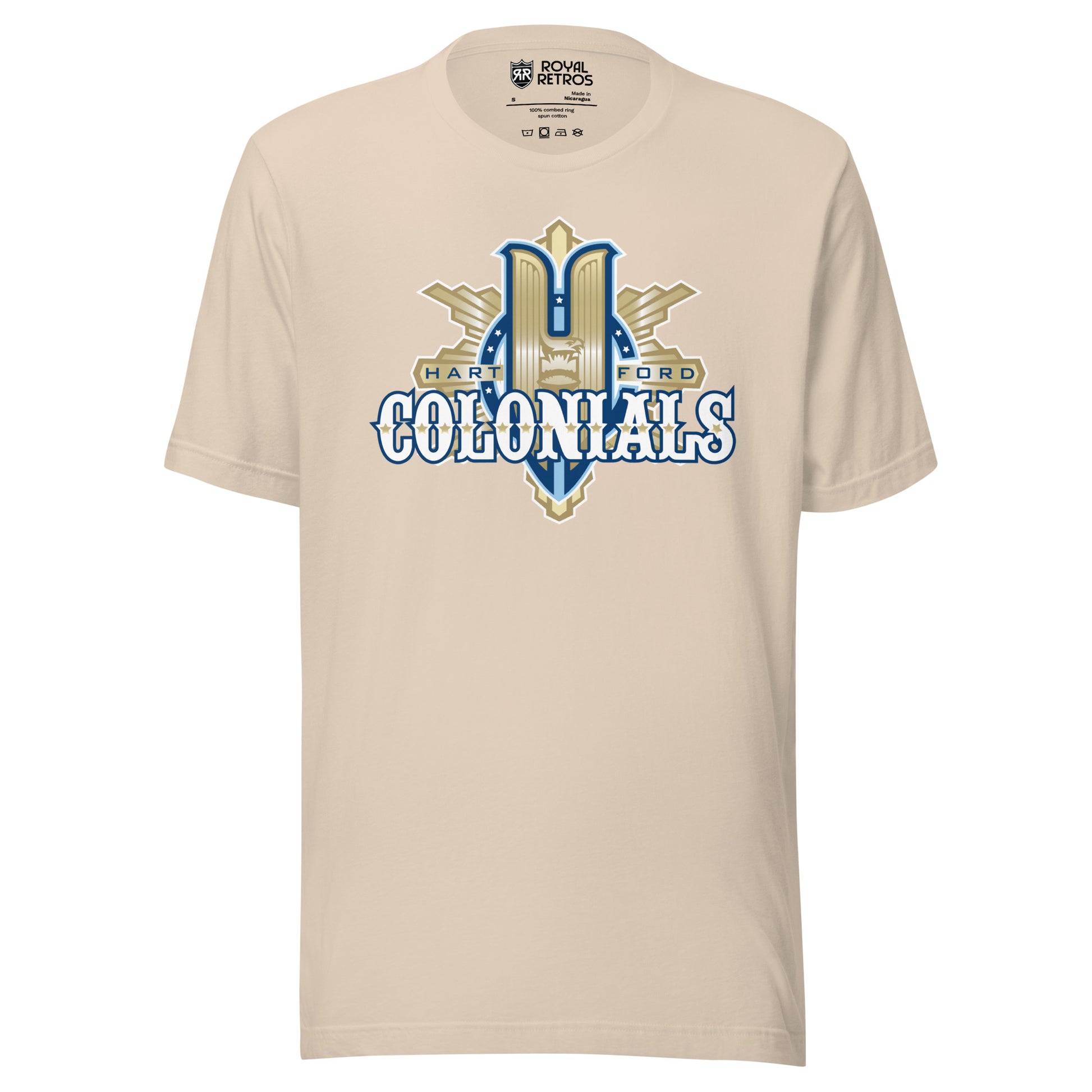 Hartford Colonials UFL-2009 T-shirt. Cream. Large gold H over gilded shield. Colonials in white with gold trim across shield. Royal Retros