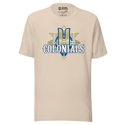 Hartford Colonials UFL-2009 T-shirt. Cream. Large gold H over gilded shield. Colonials in white with gold trim across shield. Royal Retros