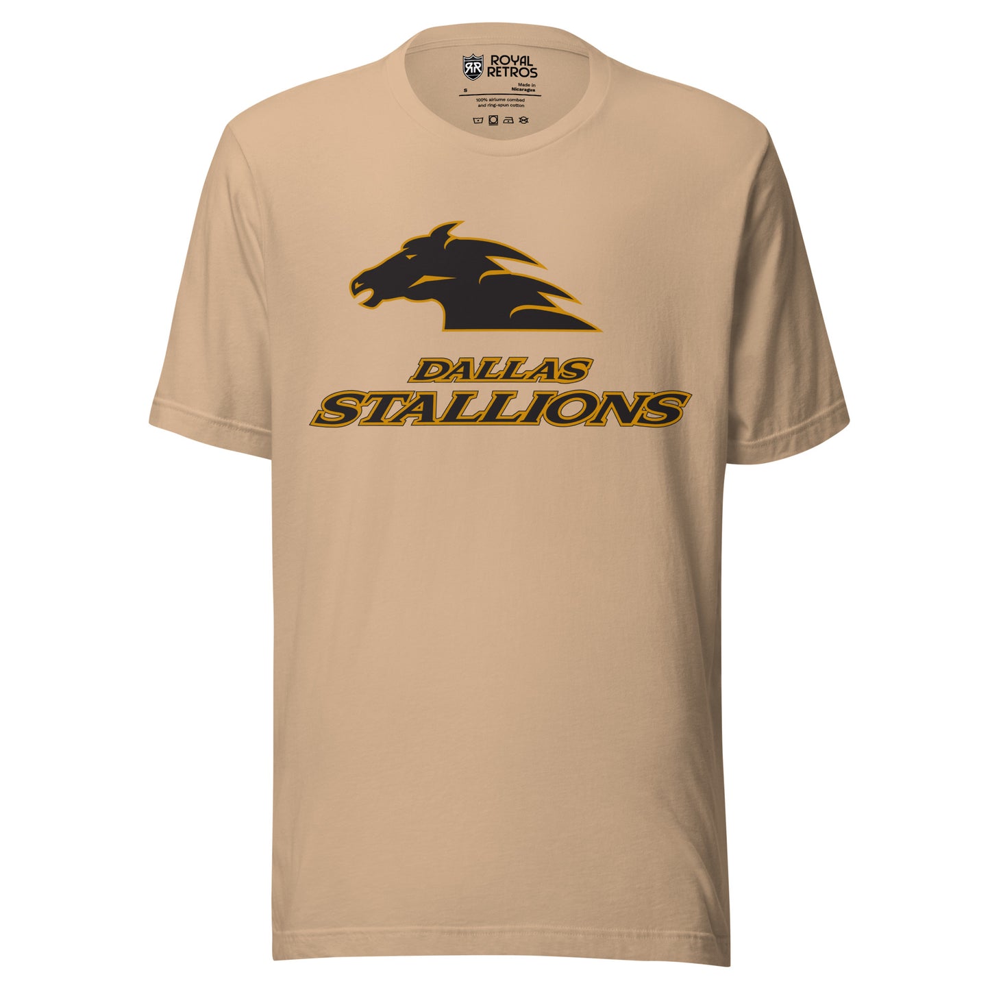 Dallas Stallions roller hockey T-Shirt. Tan. Gray horse head facing left with gold trim. Dallas Stallions below in gray with gold trim. Royal Retros