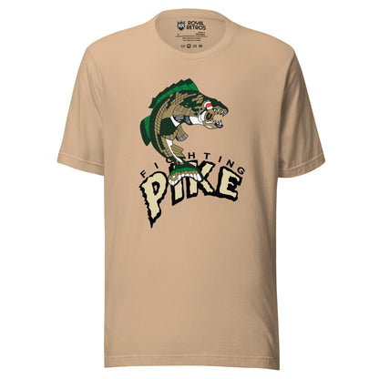 Minnesota Fighting Pike Arena Football League T-shirt. Tan. Angry pike, jumping up to the right. PIKE large in silver below. Royal Retros