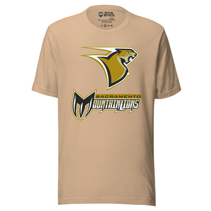 Sacramento Mountain Lions. UFL-2009 T-shirt. Tan. Stylized mountain lion head facing left. Lion is gold with black, gray, and white, trim with gold and white steaks off to the left. Sacramento small in black n gold banner above large stylized Mountain Lions in silver with gold and white trim. M is black and shaped like a claw, with silver scratch marks in the fingers. Royal Retros
