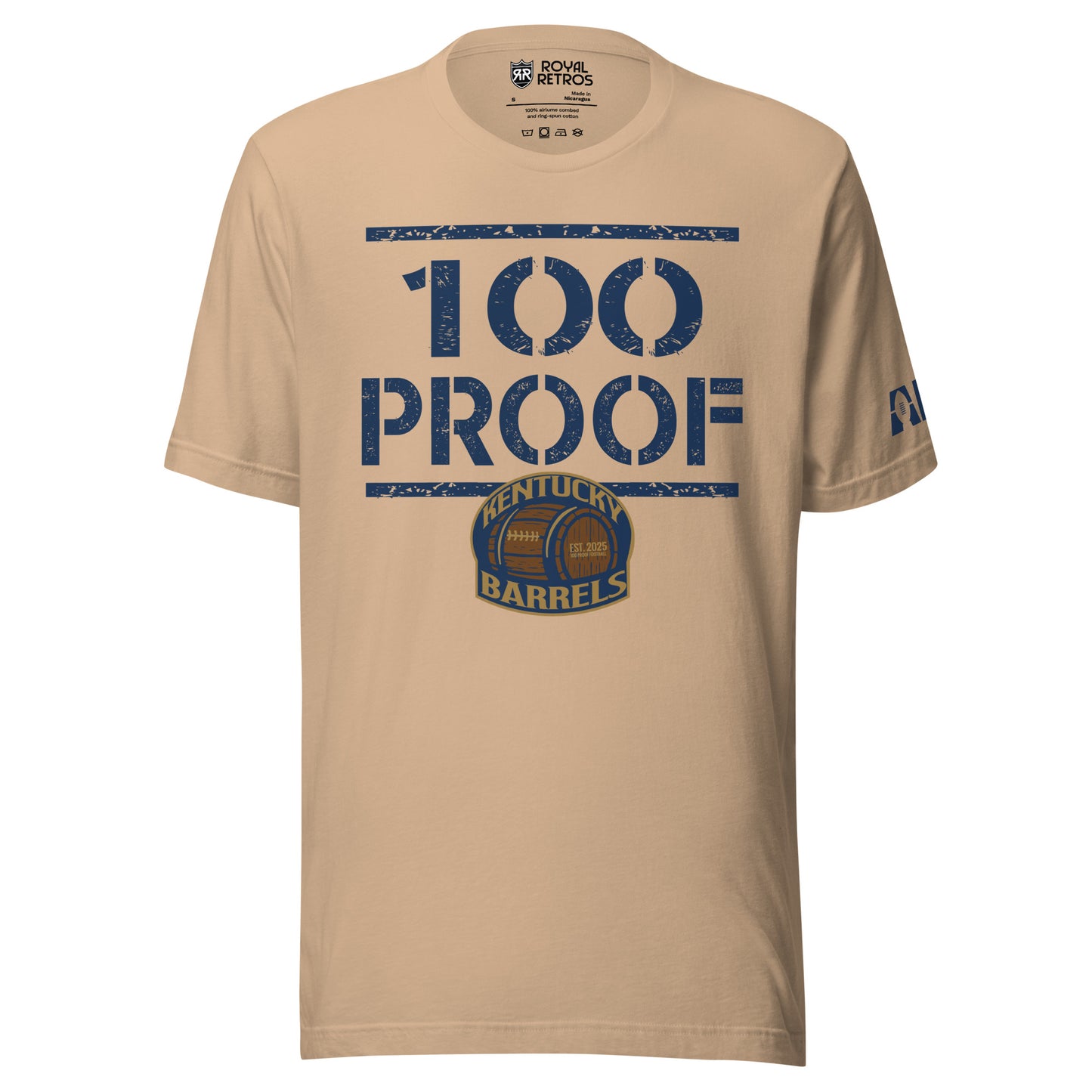 Kentucky Barrels 100 Proof T-shirt. Blue line across top. Tan. 100 with PROOF below. Blue line below. Logo small below over middle of blue line. Logo on chest is a rounded square with Kentucky in gold arched over a barrel, with Barrels underneath. Shape is outlined in gold. Royal Retros