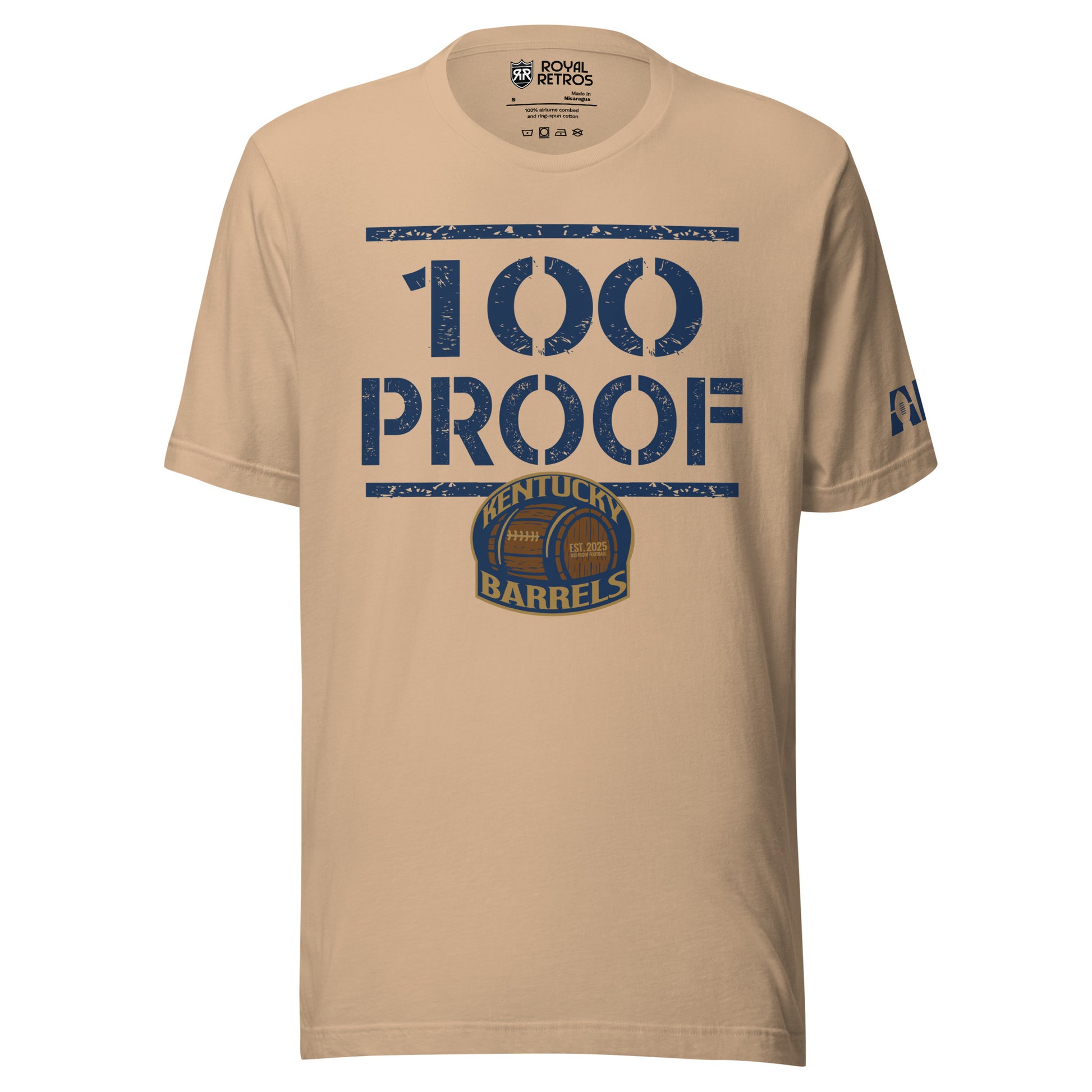 Kentucky Barrels 100 Proof T-shirt. Blue line across top. Tan. 100 with PROOF below. Blue line below. Logo small below over middle of blue line. Logo on chest is a rounded square with Kentucky in gold arched over a barrel, with Barrels underneath. Shape is outlined in gold. Royal Retros