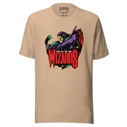 Waco Wizards T-shirt. Tan.  Logo is a purple wizard holding a hockey stick. Waco small in white above WIZARDS in red, Royal Retros