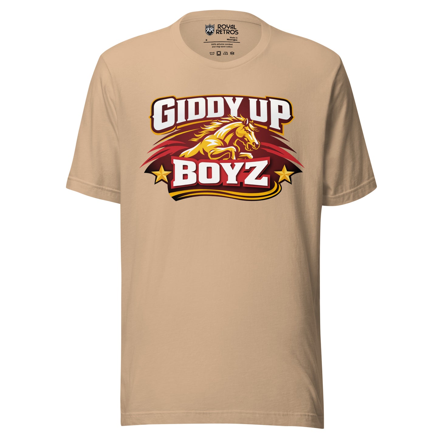 Birmingham Stallions UFL Giddy Up Boyz supporters T-shirt. Tan. Red oval-like shape with jagged sides on Horses head in gold bellow Giddy Up in white with red shadow. Boyz in white with red shadow blow and gold stars on either side.Royal Retros.