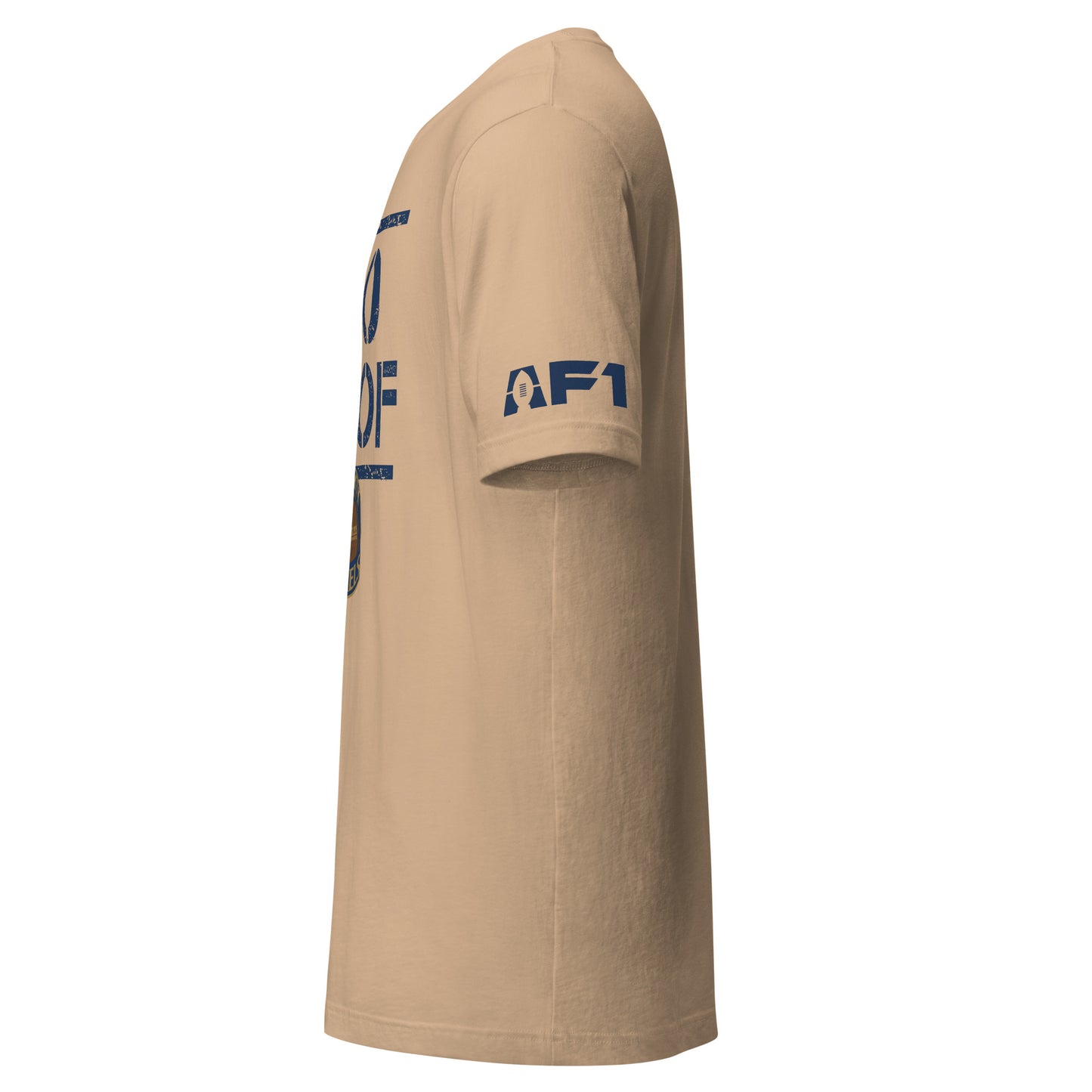 Kentucky Barrels 100 Proof T-shirt. Blue line across top. Tan. Side view with AF1 logo on left sleeve. Royal Retros