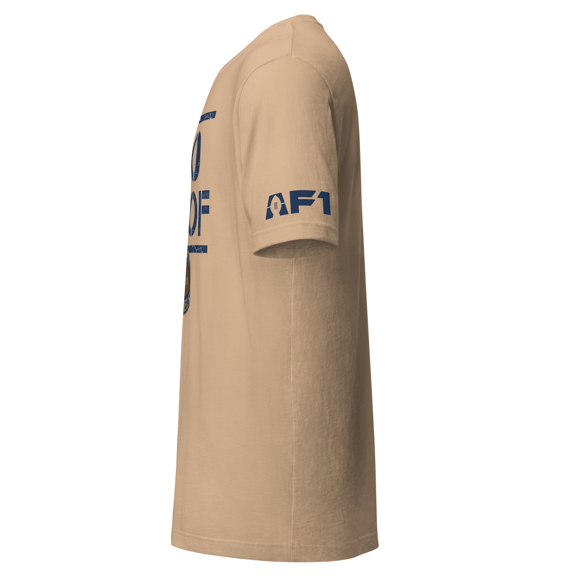 Kentucky Barrels 100 Proof T-shirt. Blue line across top. Tan. Side view with AF1 logo on left sleeve. Royal Retros