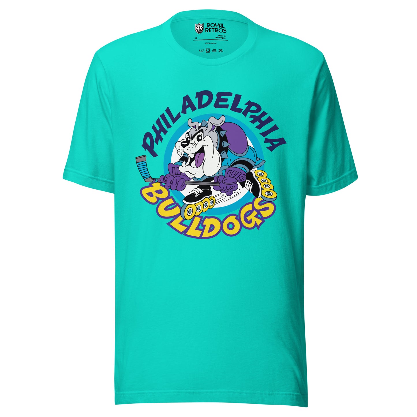 Philadelphia Bulldogs Roller Hockey -shirt. Teal. Philadelphia in dark purple arched over cartoon bulldog inline skating with hockey stick, going to the left. Bulldogs arched up in yellow below. Royal Retros