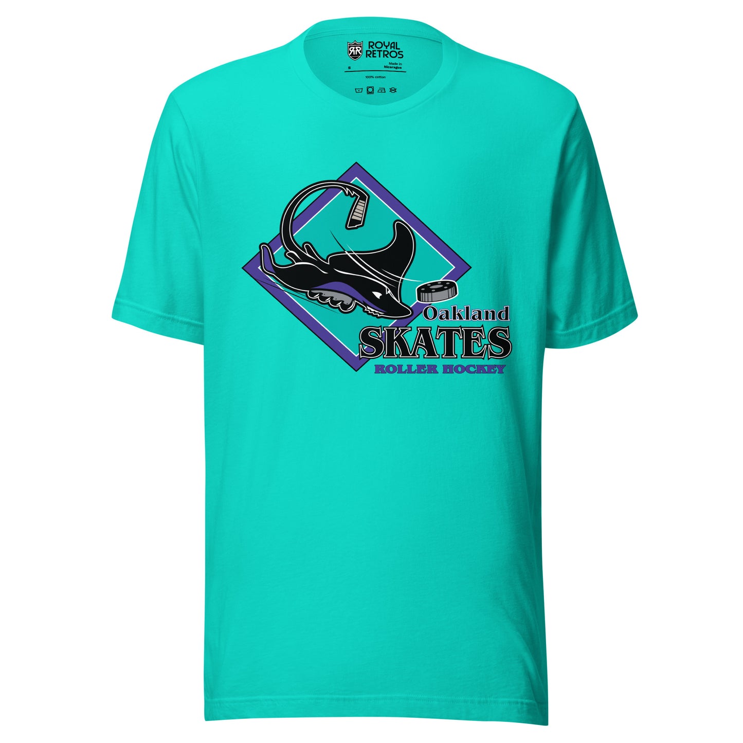 Oakland Skates roller hockey T-Shirt. Teal. Aqua diamond with purple trim. Manta Ray swimming tom the right over diamond. To the right, Oakland small over Skates large, purple with white lining, Roller Hockey smaller in purple. Royal Retros