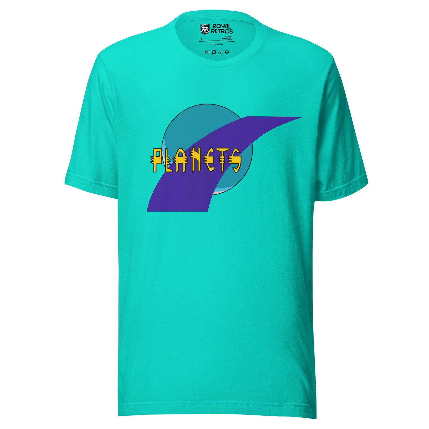 Toronto Planets roller hockey T-Shirt. Teal. Blue planet with purple swoosh on top. Planets in yellow over logo. Royal Retros