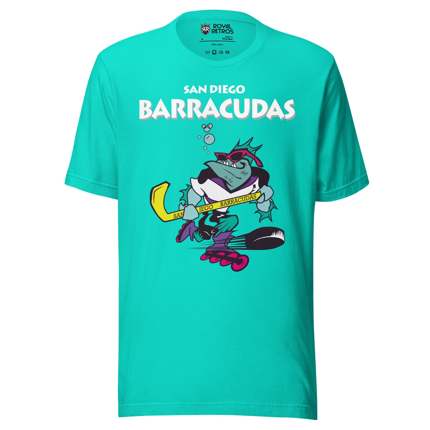 San Diego Barracudas roller hockey T-shirt. Teal. San Diego in white small over Barracudas in aqua large below. Below text, cartoon barracuda inline skating with hockey stick. Bubbles coming out of its mouth. Royal Retros.
