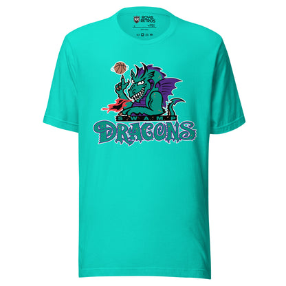 New Jersey Swamp Dragons T-Shirt Teal. Dragon spinning a basketball with DRAGONS wordmark underneath. Royal Retros