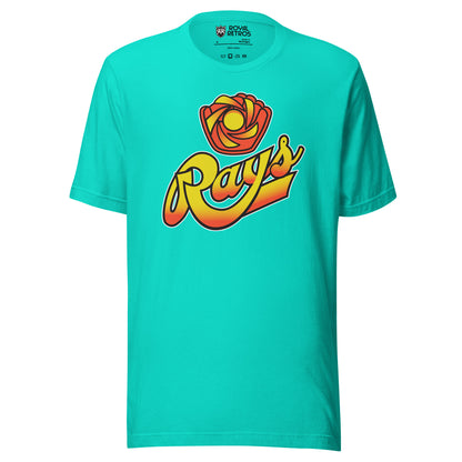 Sun City Rays baseball T-shirt. Teal. Stylized red, orange, and gold sun. Rays in script, yellow and orange with text tail. Royal Retros