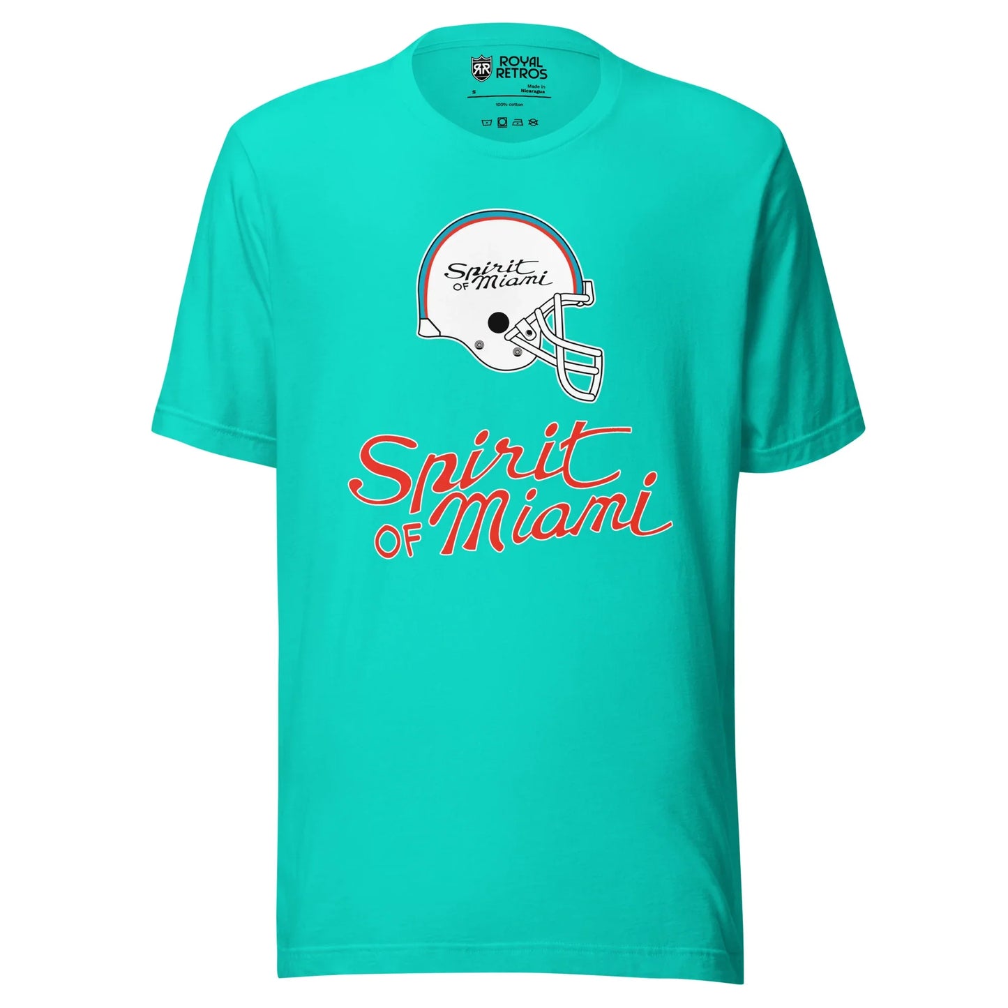 Spirit of Miami football T-shirt. Teal. Logo is white helmet in profile with blue and orange stripes. "Spirt of Miami" in orange script inside helmet and larger below.