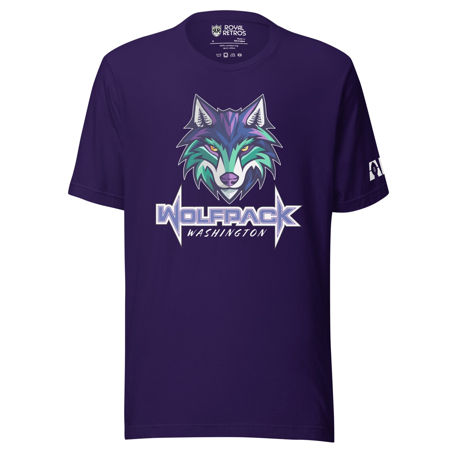 Washington Wolfpack T-shirt. Purple. Light purple, dark purple, and teal wolf face over WOLFPACK in purple with white trim. Washington smaller in purple right below. Royal Retros