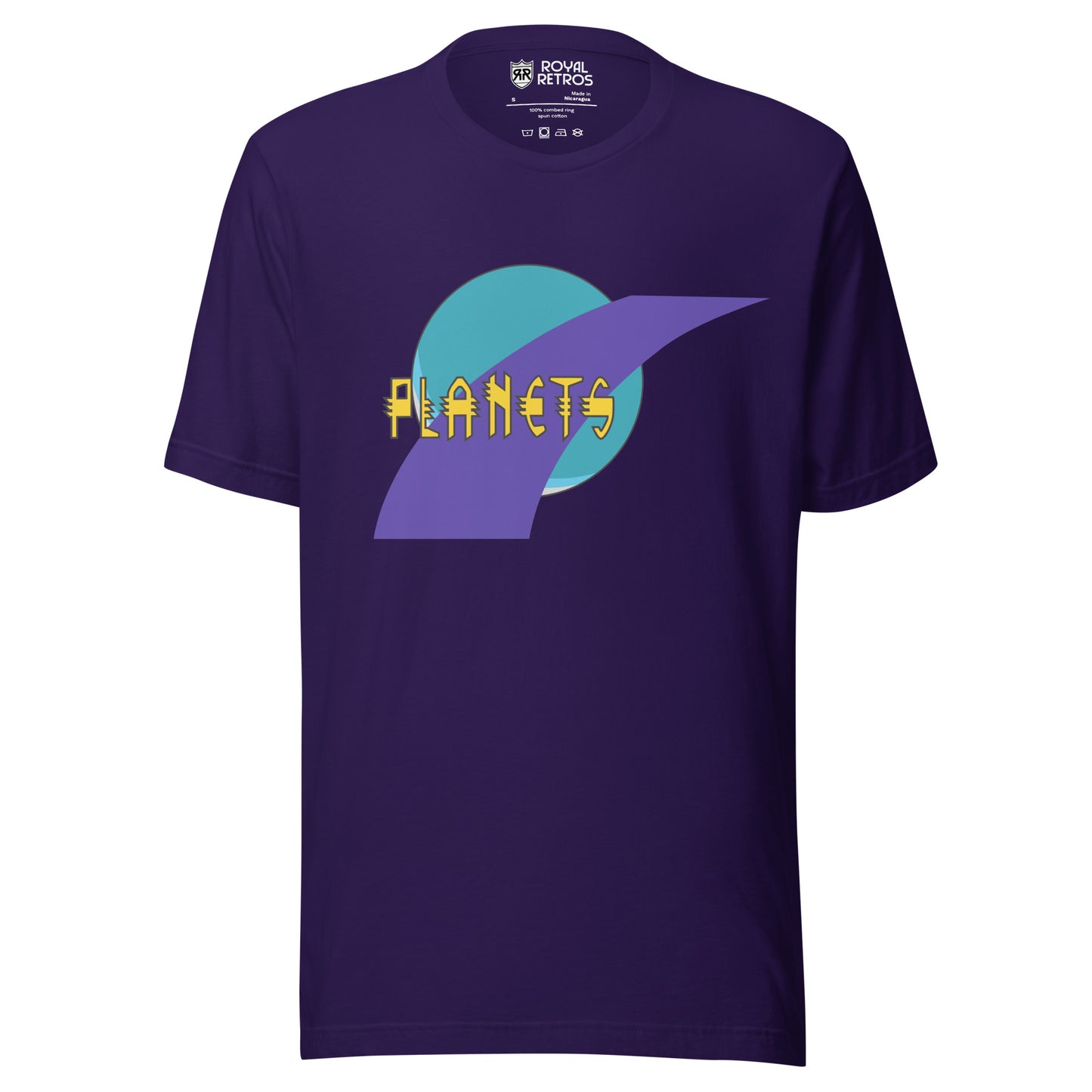 Toronto Planets roller hockey T-Shirt. Purple. Blue planet with purple swoosh on top. Planets in yellow over logo. Royal Retros