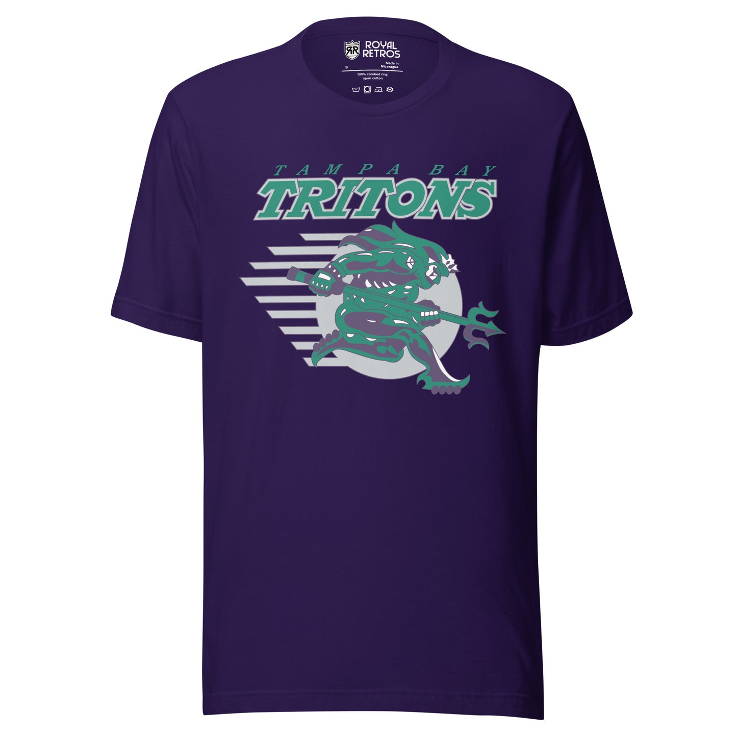 Tampa Bay Tritons roller hockey T-Shirt. Purple. Tampa Bay in green above Tritons large in green with white outline. Purple and green sea monster over silver ball with streak marks. Monster is holding triton. Royal Retros.