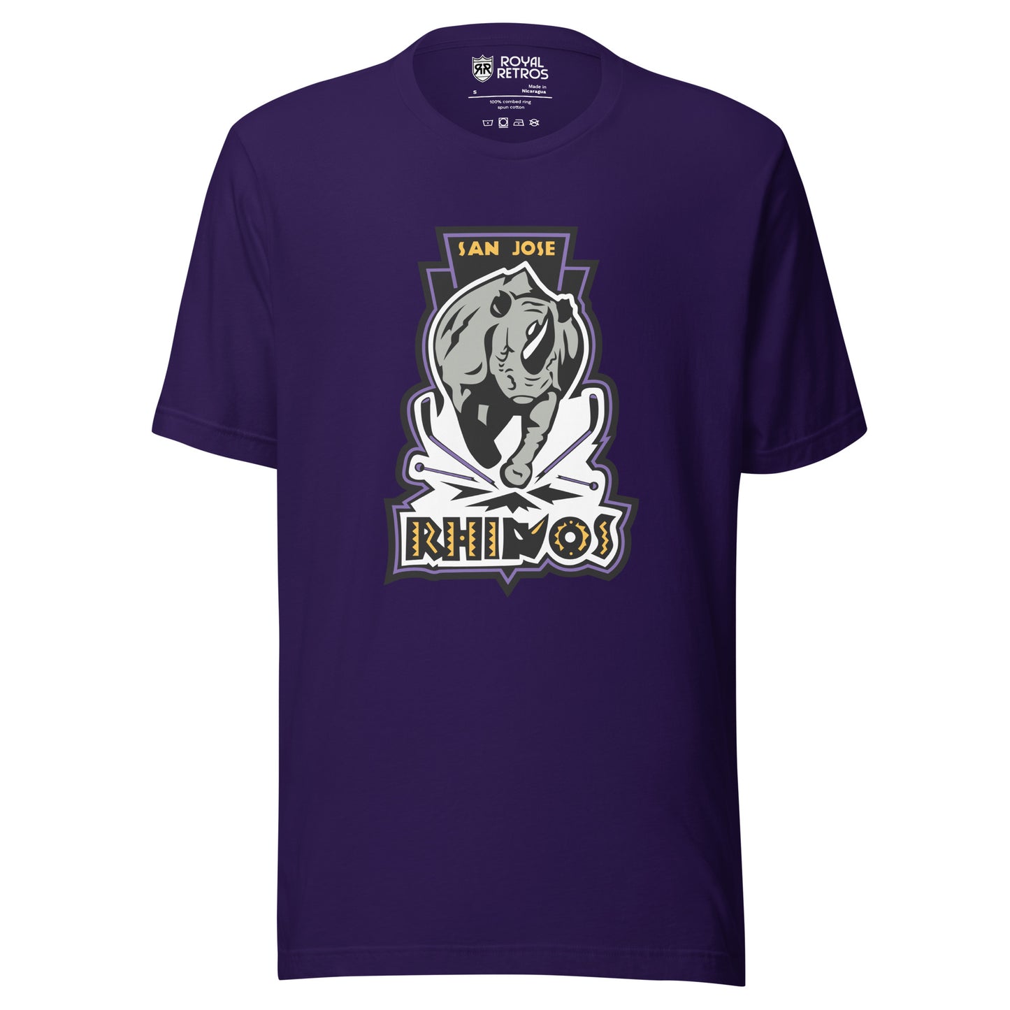 San Jose Rhinos Roller hockey T-Shirt. Purple. Charging Rhino. San Jose in gold above. To hockey sticks crossed below legs. Rhinos in caps underneath. Royal Retros